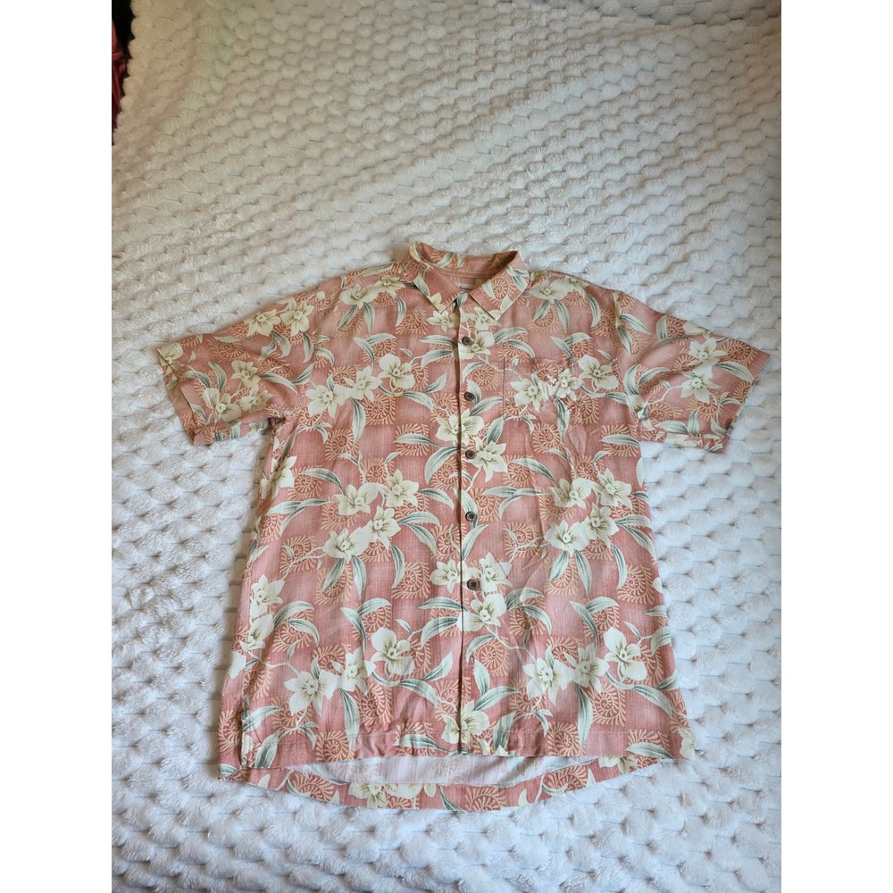 Tommy Bahama Mens Silk Floral Aloha Shirt Coral Pink Short Sleeve Small Tropical